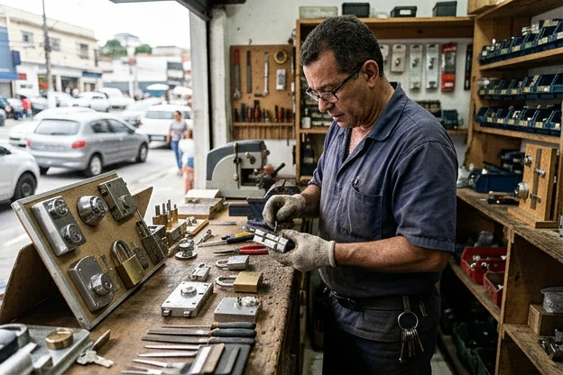Chaveiro em Taboão da Serra avaliando fechaduras para oferecer a melhor escolha ao cliente.