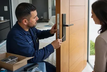 Chaveiro em Taboão da Serra instalando uma nova fechadura em uma porta.