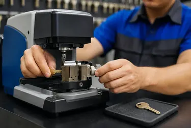 Chaveiro em Taboão da Serra usando máquina para realizar cópias de chaves.